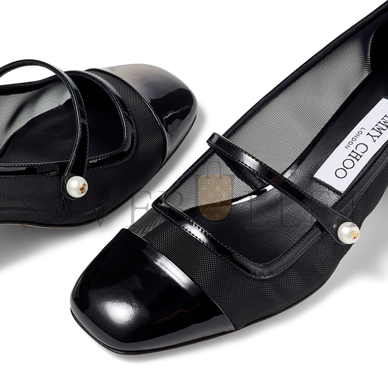 JIMMY CHOO ELISA 45 BLACK PATENT AND MESH PUMPS ELISA45TNX